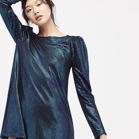 Free People Dress Diamond Forever Flowy Tunic L Blue metallic Pocket Cocktail - Picture 11 of 12